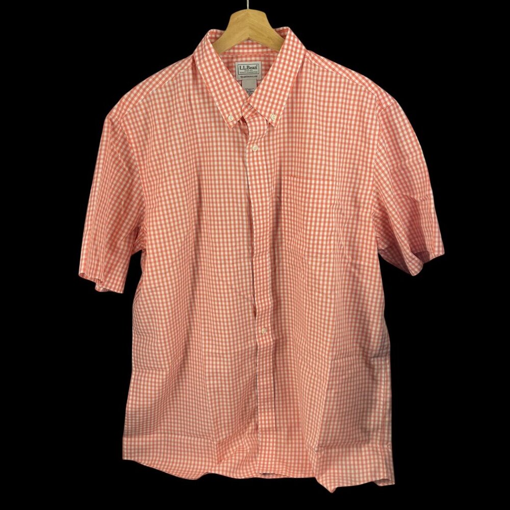 L.L.Bean Mens Orange Gingham Check Short Sleeve Button-Up Shirt Size L-Tall
